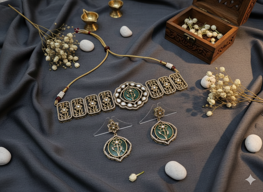 Royal Mint Enamel Floral Kundan Necklace Set