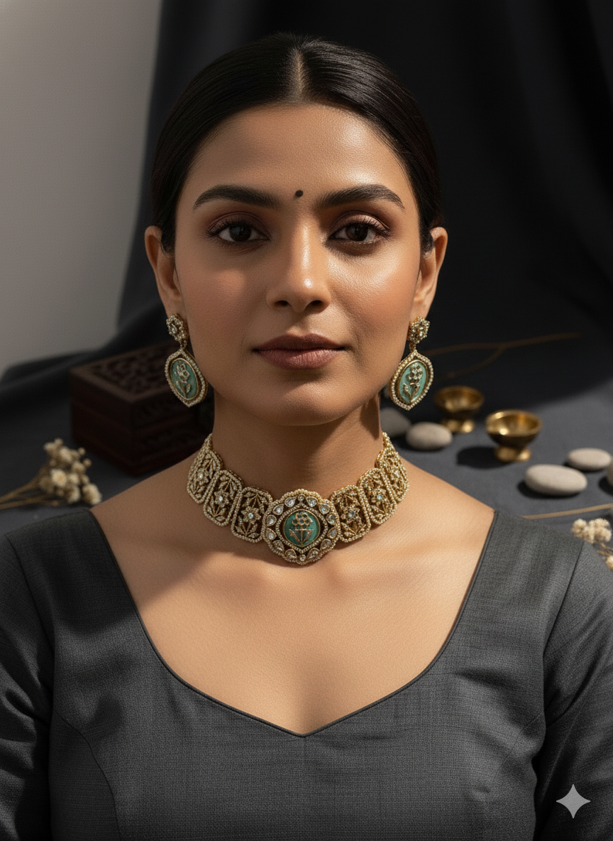 Royal Mint Enamel Floral Kundan Necklace Set