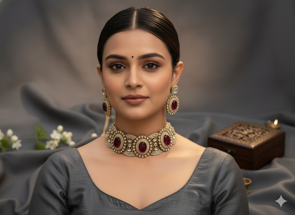 Royal Gold & Ruby Statement Choker Set