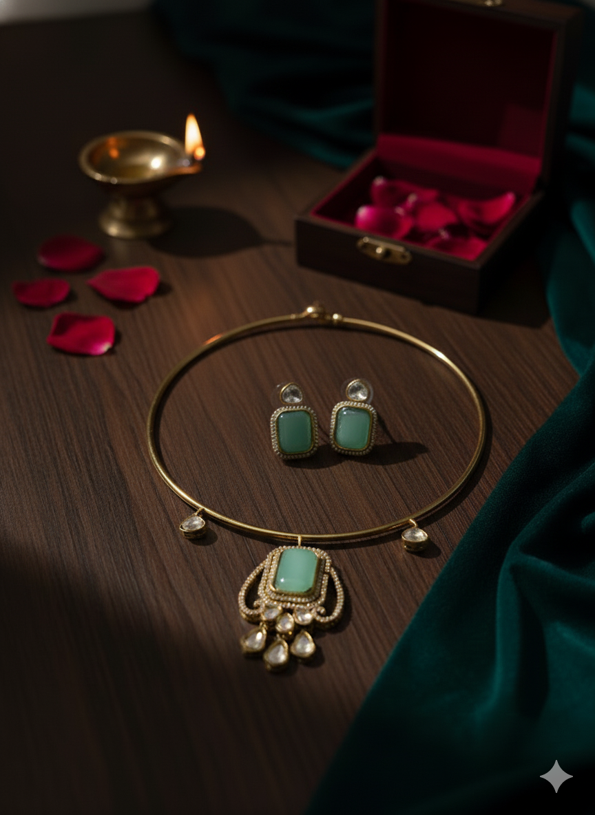 Pastel Sea Green & Crystal Victorian Hasli Necklace Set