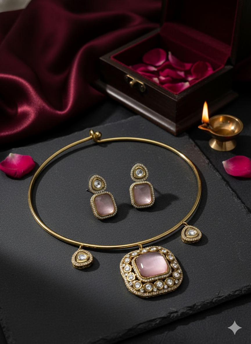 The Blush Pink Square Pendant Choker Set