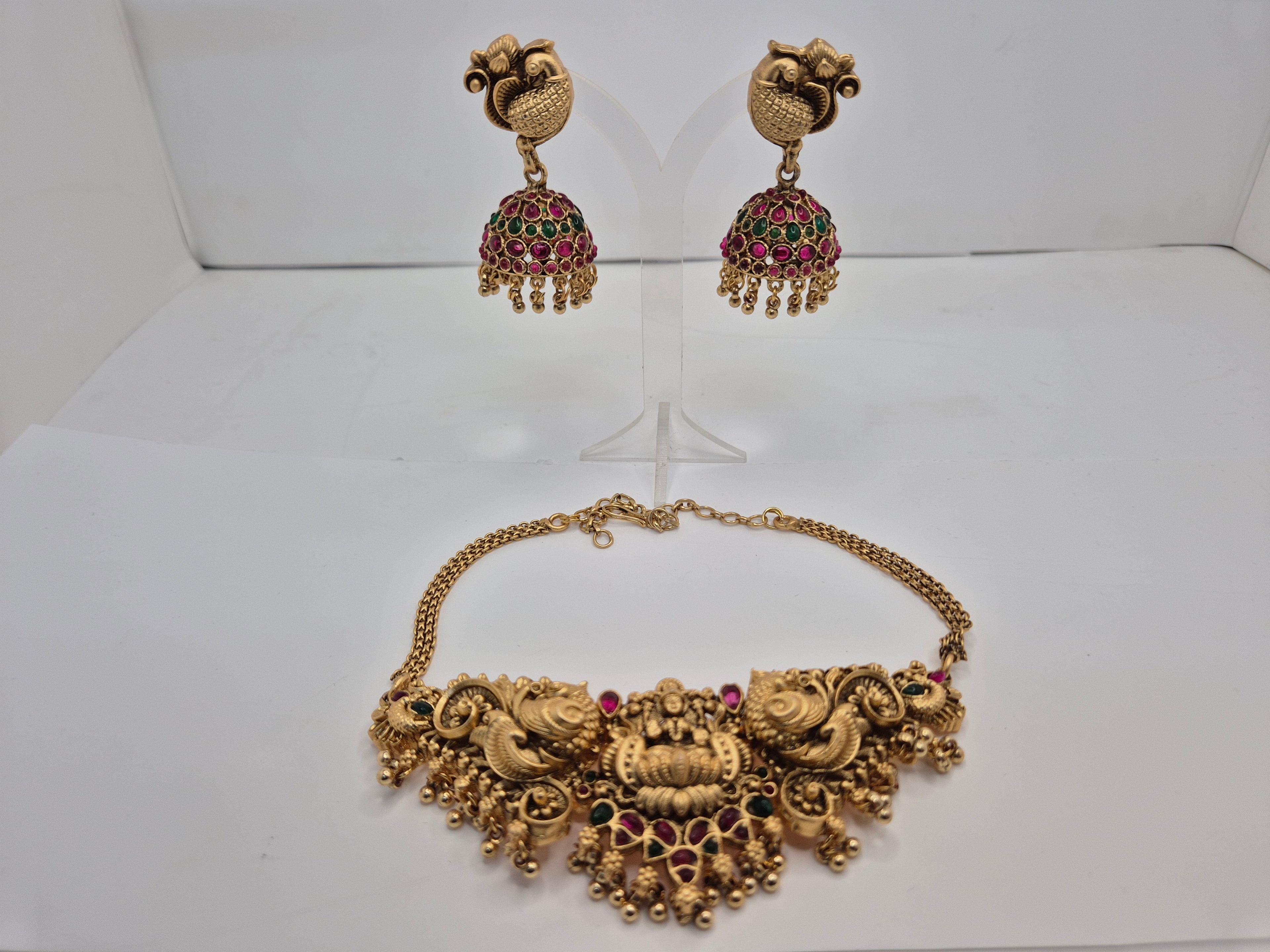 Women Red & Green Gold-Plated Stone-Studded Temple Choker Jewellery Set
