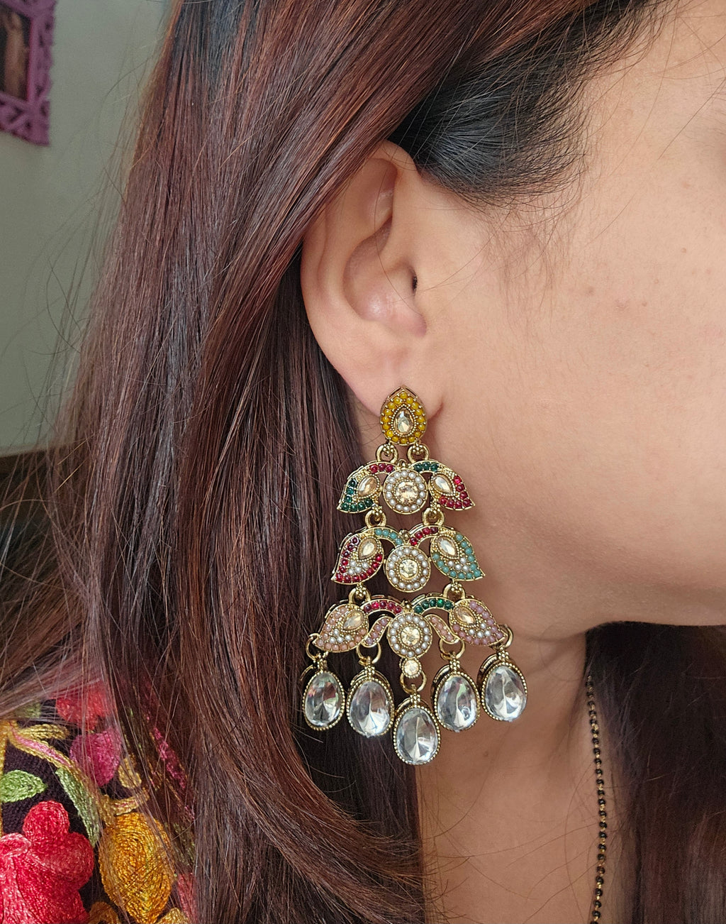 Mehrunisa Navratna Kundan Drop Earrings