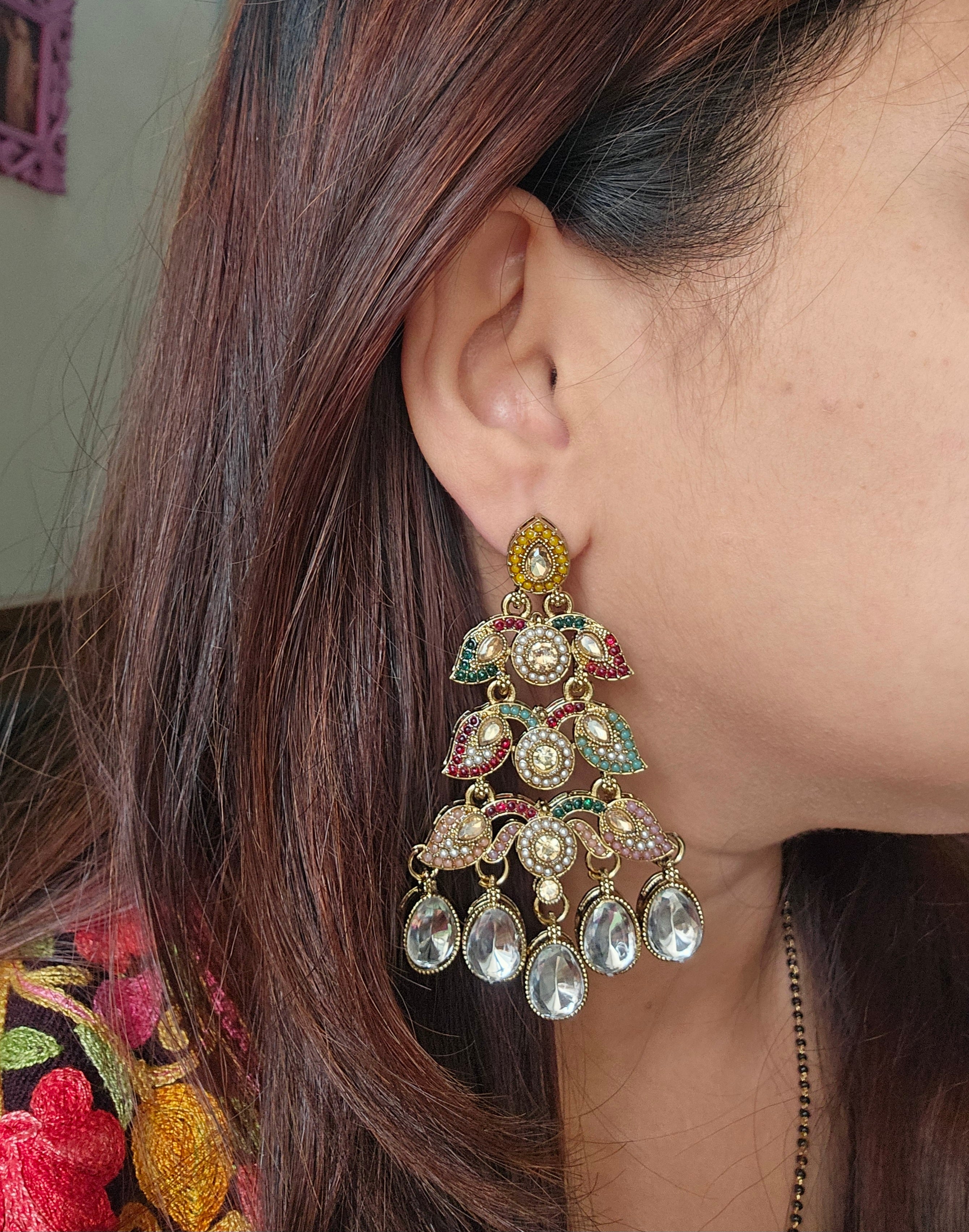 Mehrunisa Navratna Kundan Drop Earrings