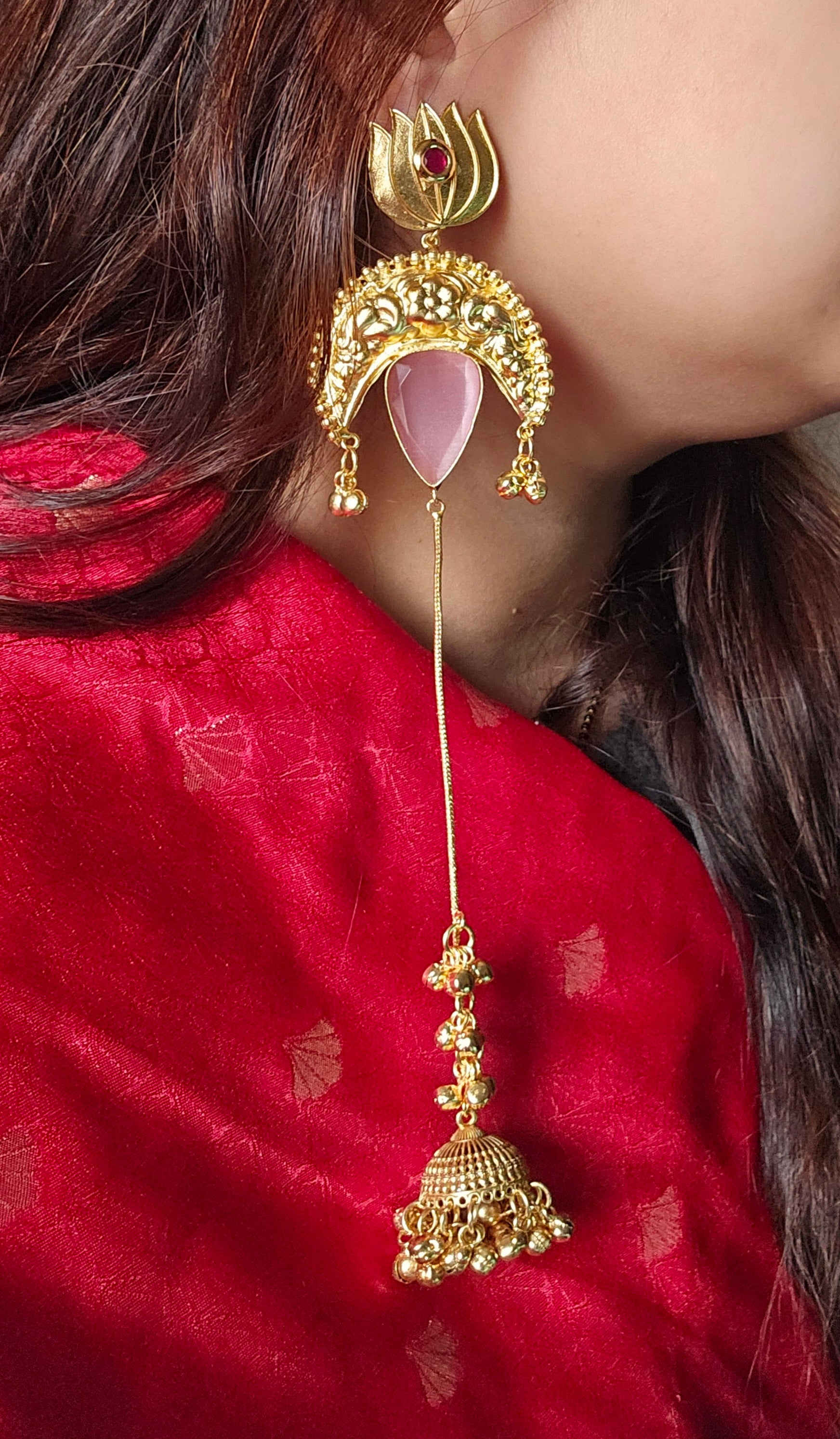 Rose Lotus Long Jhumka Earrings