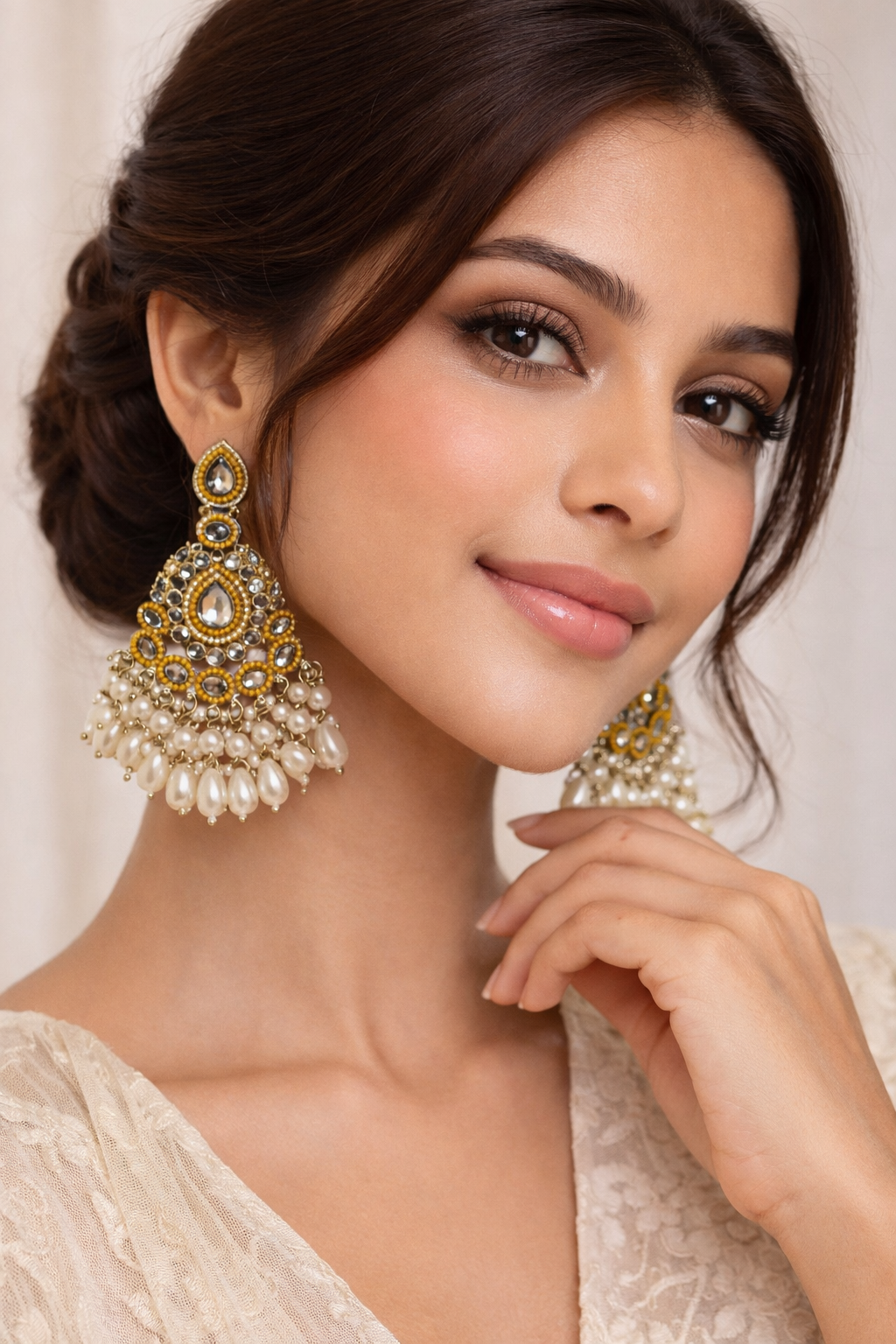 Zaraat Pearl Kundan Chandbali Earrings