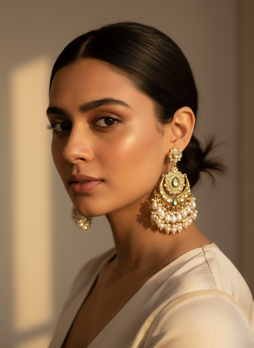 Noor-E-Zeenat Kundan Pearl Chandbali Earrings