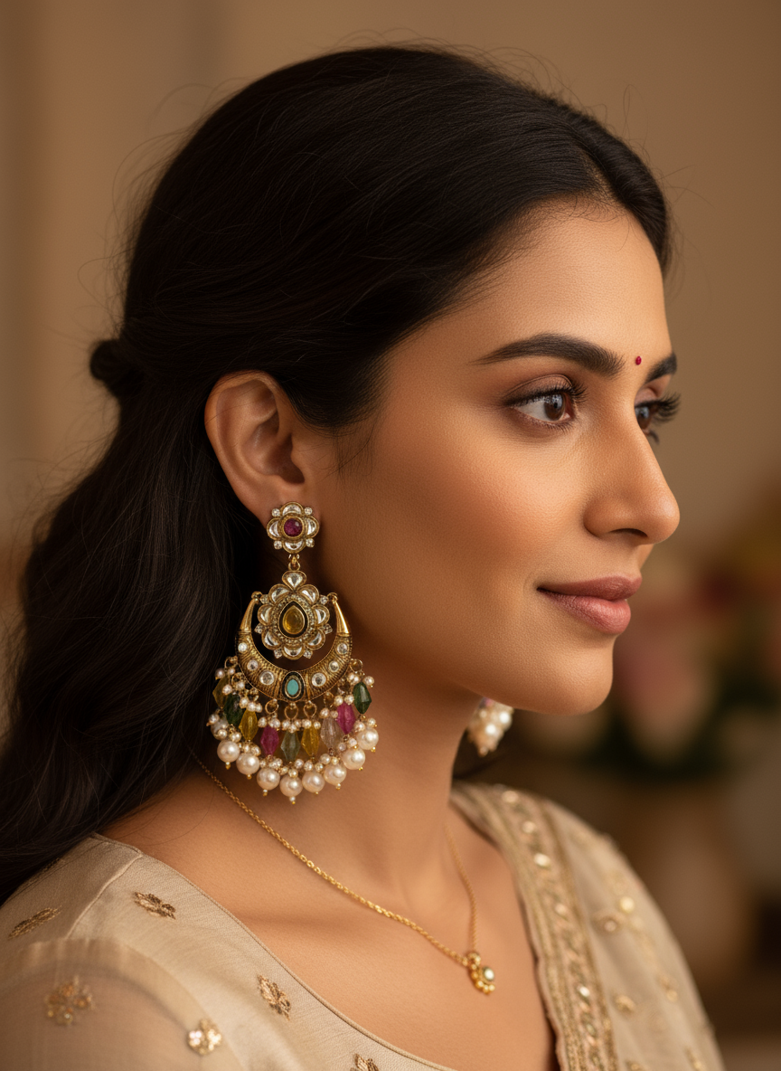 Noor-E-Zeenat Kundan Pearl Chandbali Earrings